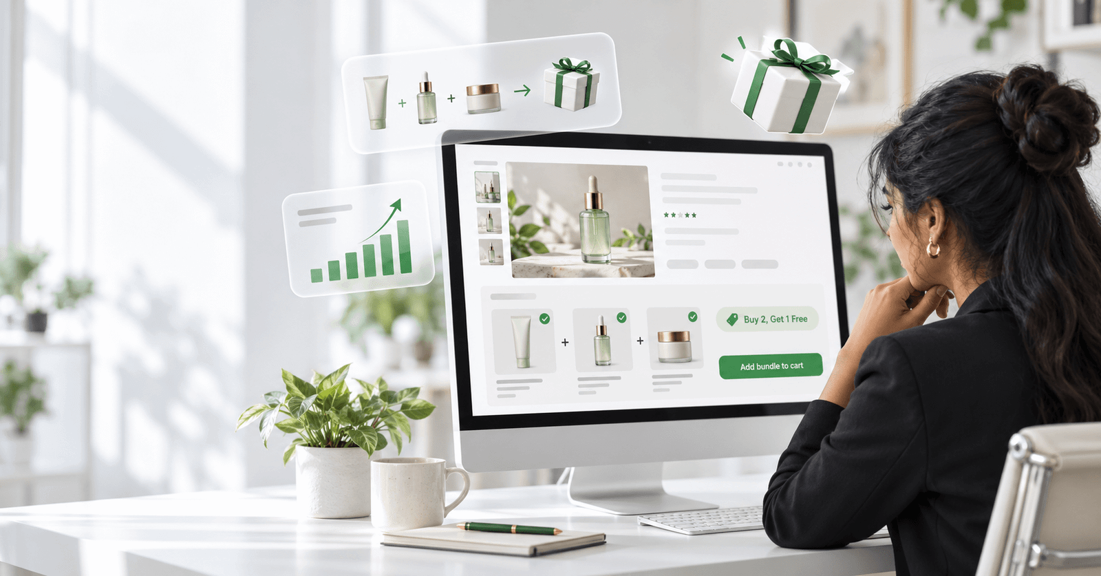Shopify bundle builder showing a Buy 2 Get 1 Free skincare bundle on a desktop screen