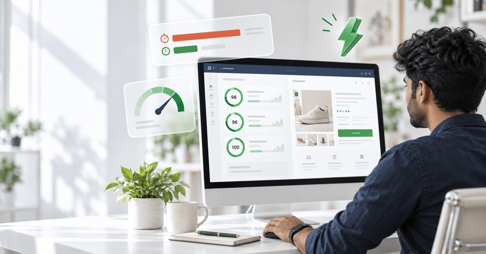 Developer optimizing a Shopify store’s speed, with Core Web Vitals gauges and a faster page load time on screen